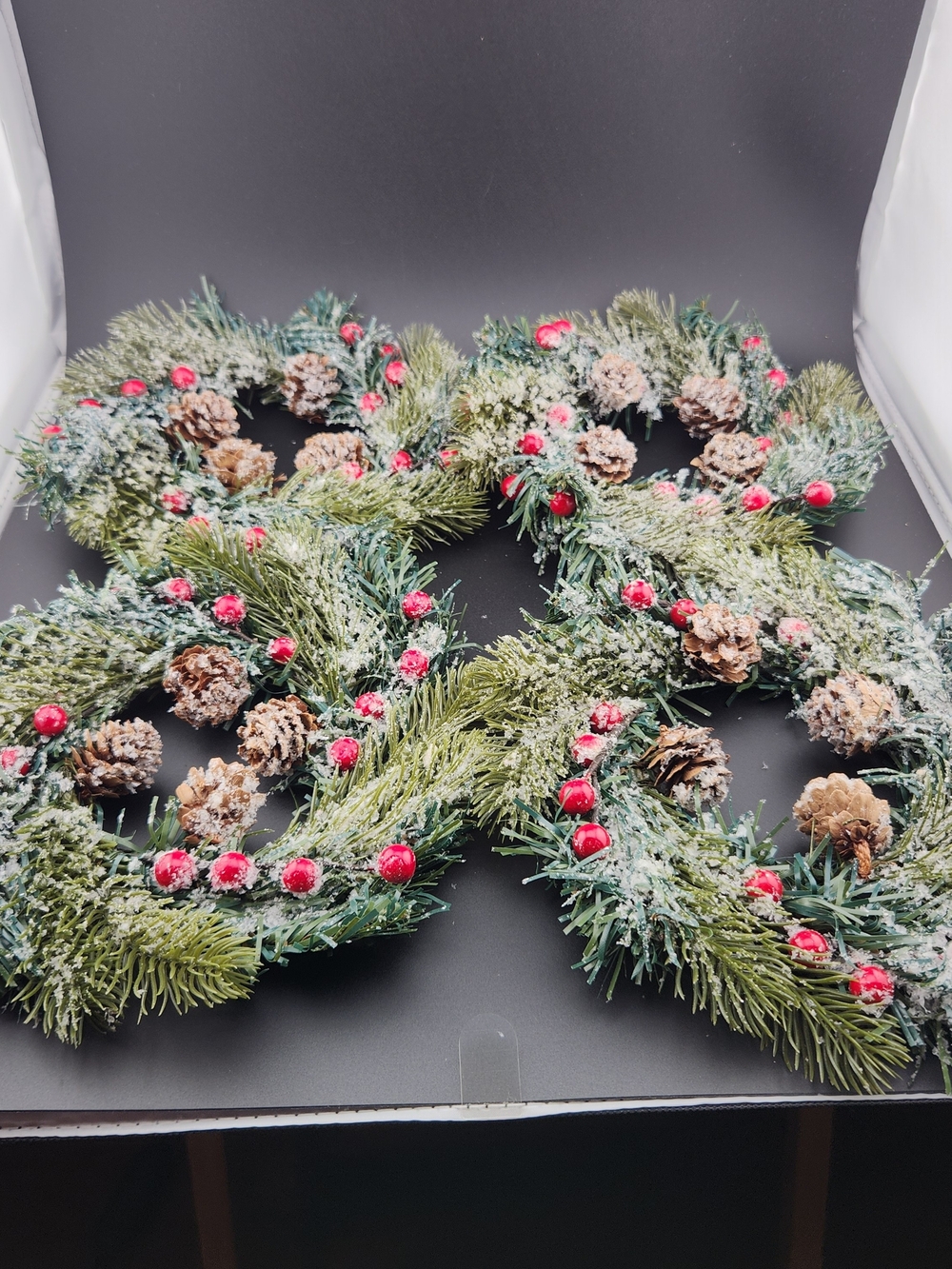Holiday Pine Wreath with Red Berries, Pine Cones, Artificial Snow Set Of 12